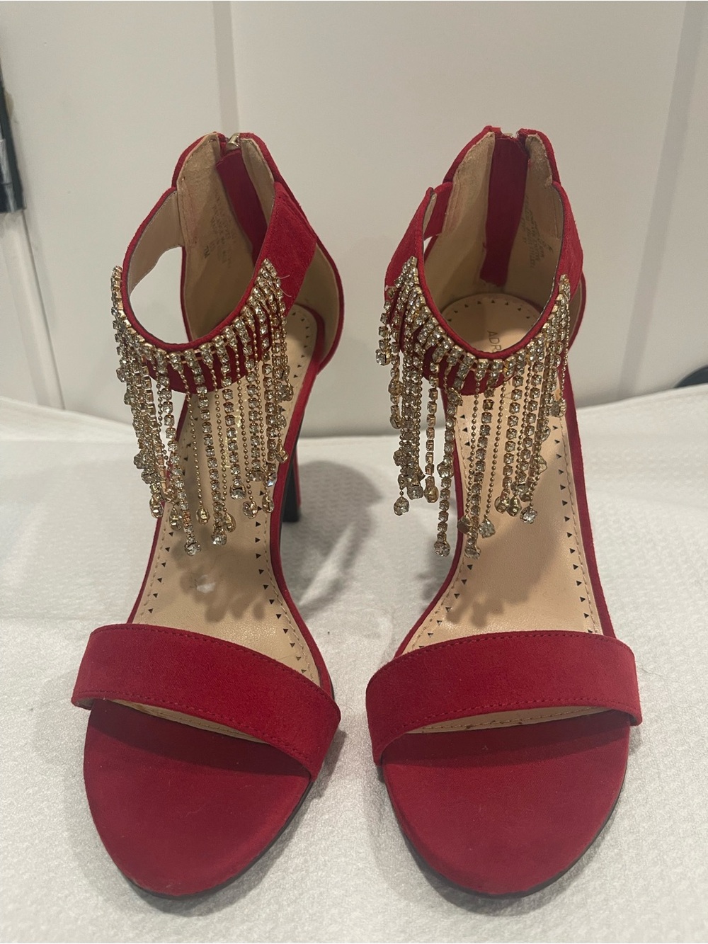 Adrienne Vittadini Red Rhinestone Fringe High Heel Sandals